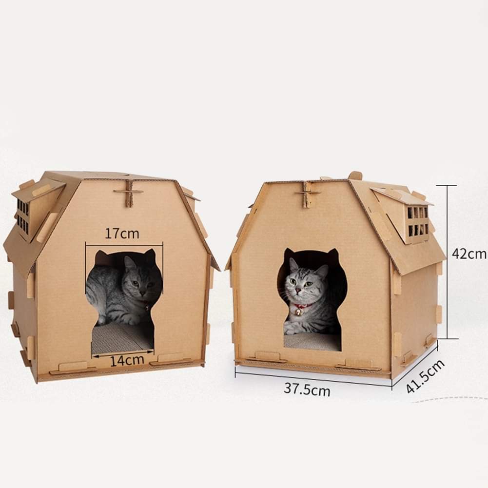 Casa de cartón para gato con rascador en el piso